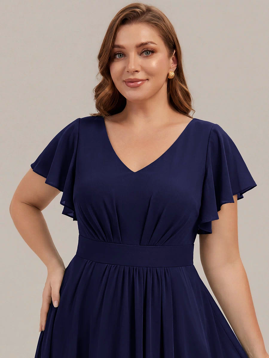 Chiffon Ruffle Sleeve A-Line Wedding Guest Dress #color_Navy Blue