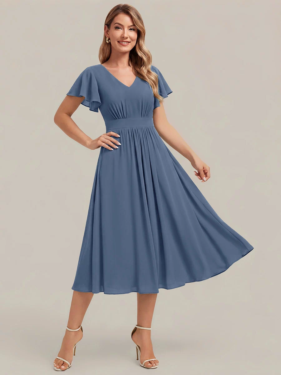 Chiffon Ruffle Sleeve A-Line Wedding Guest Dress #color_Dusty Blue