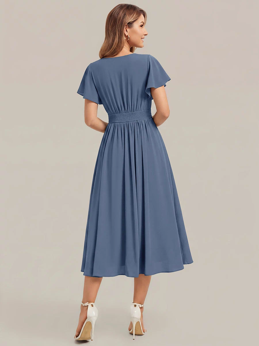 Chiffon Ruffle Sleeve A-Line Wedding Guest Dress #color_Dusty Blue