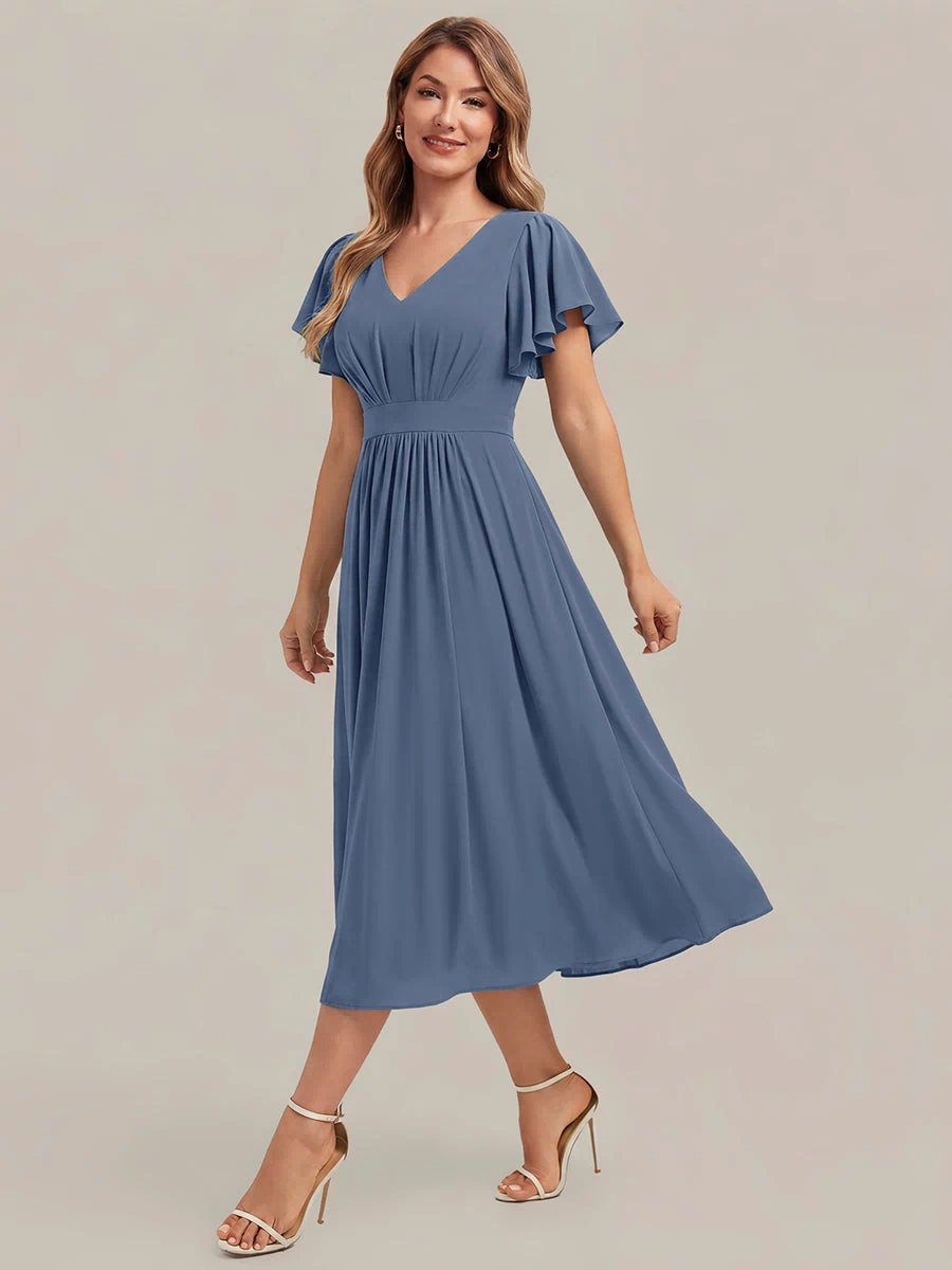 Chiffon Ruffle Sleeve A-Line Wedding Guest Dress #color_Dusty Blue