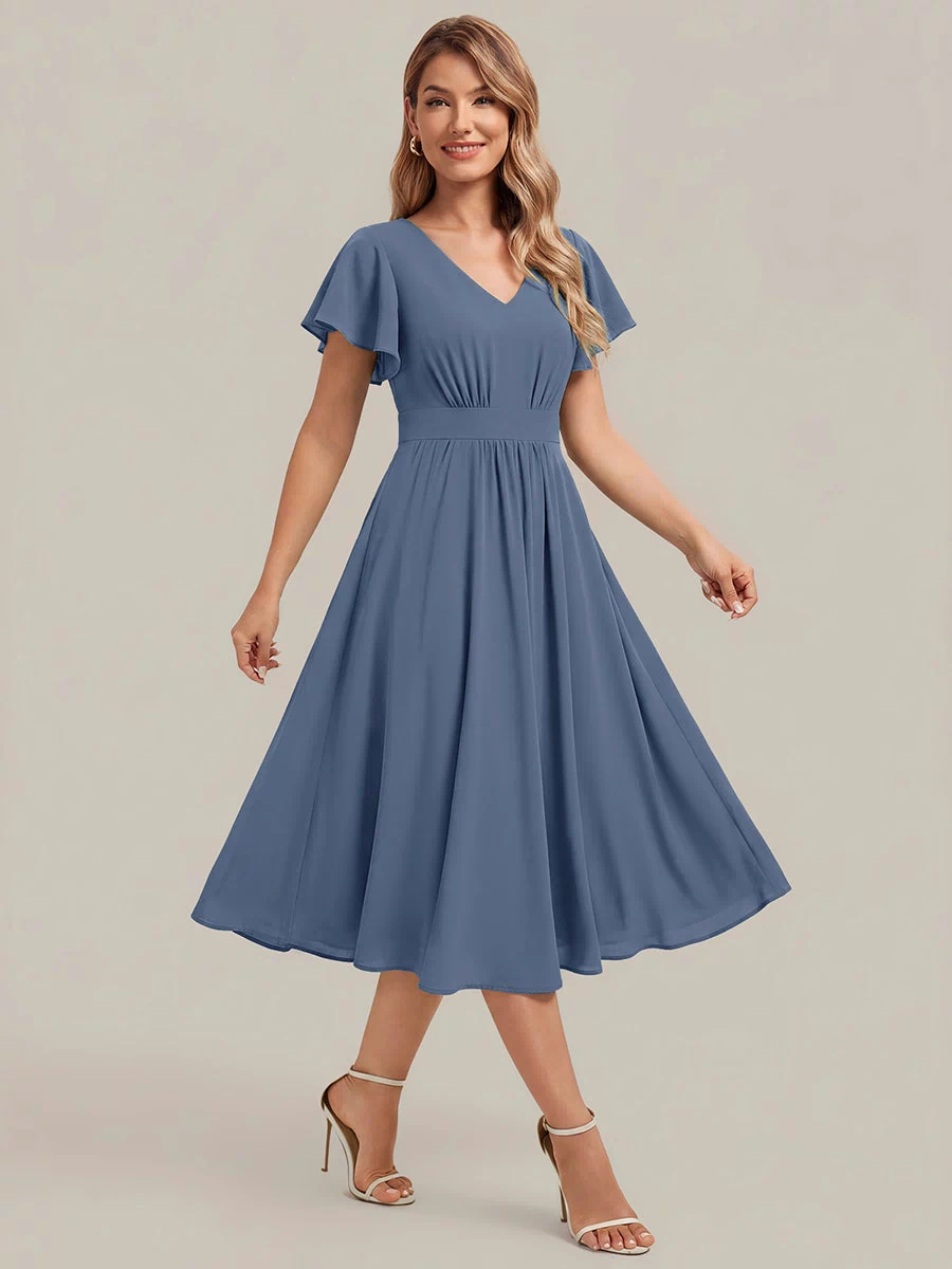 Chiffon Ruffle Sleeve A-Line Wedding Guest Dress #color_Dusty Blue