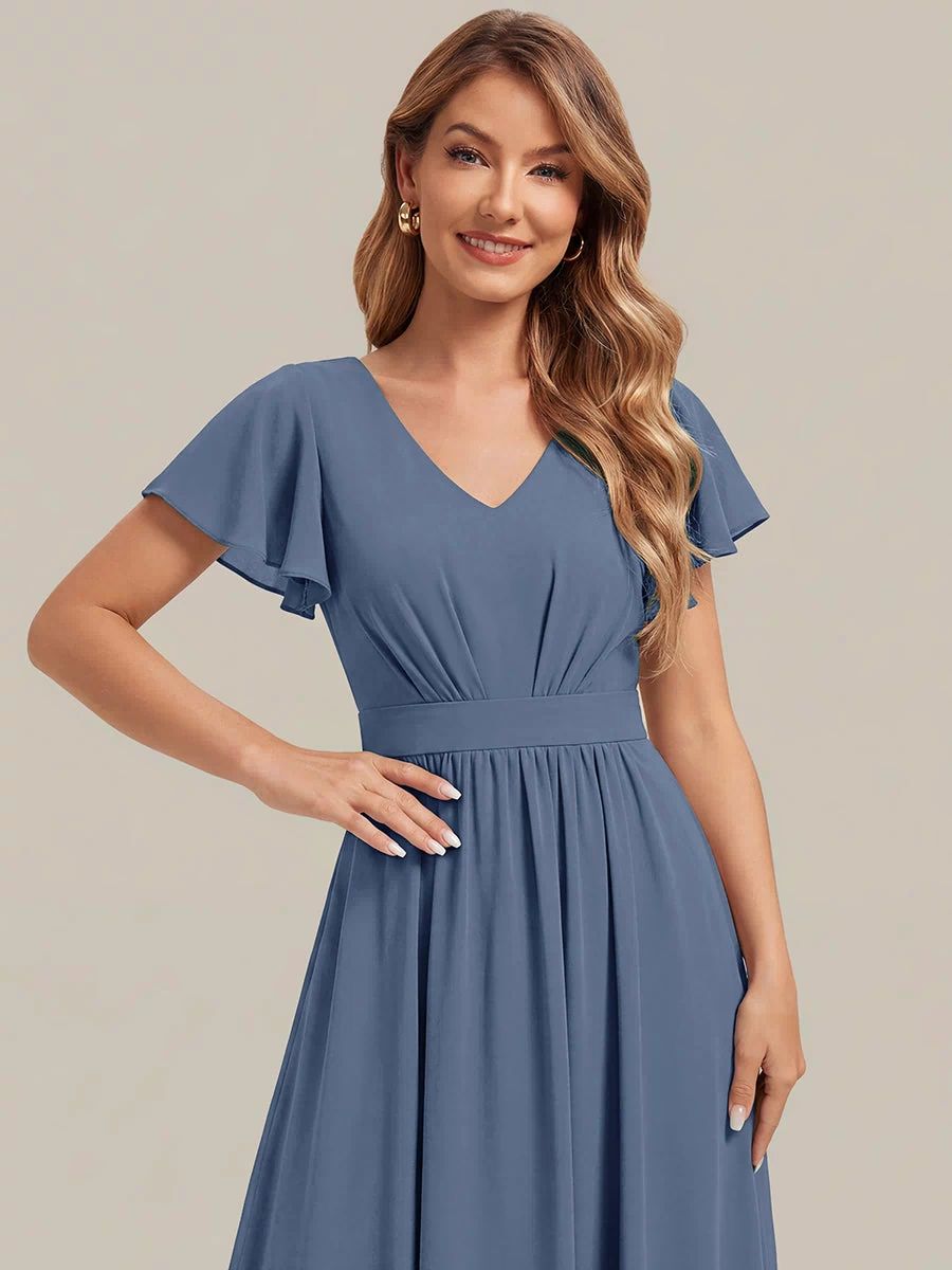 Chiffon Ruffle Sleeve A-Line Wedding Guest Dress #color_Dusty Blue