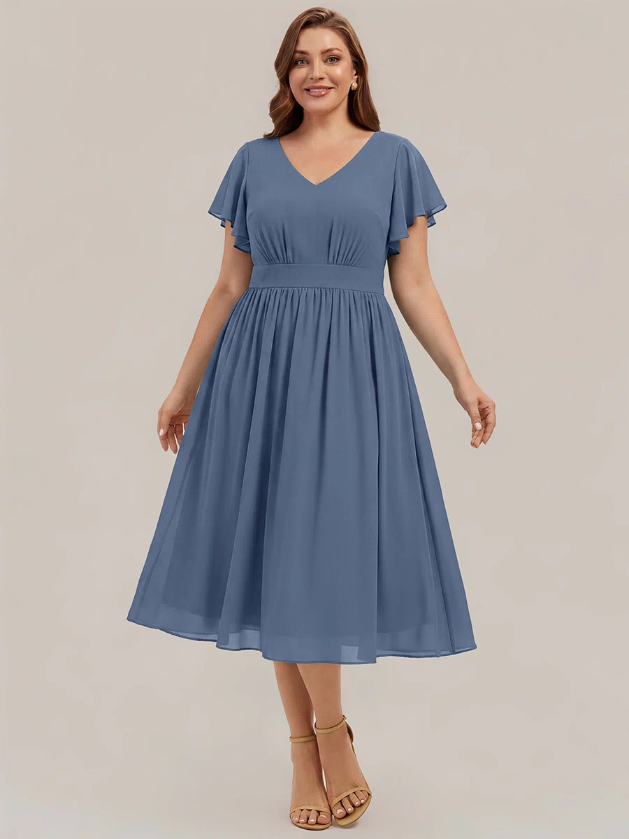 Chiffon Ruffle Sleeve A-Line Wedding Guest Dress #color_Dusty Blue