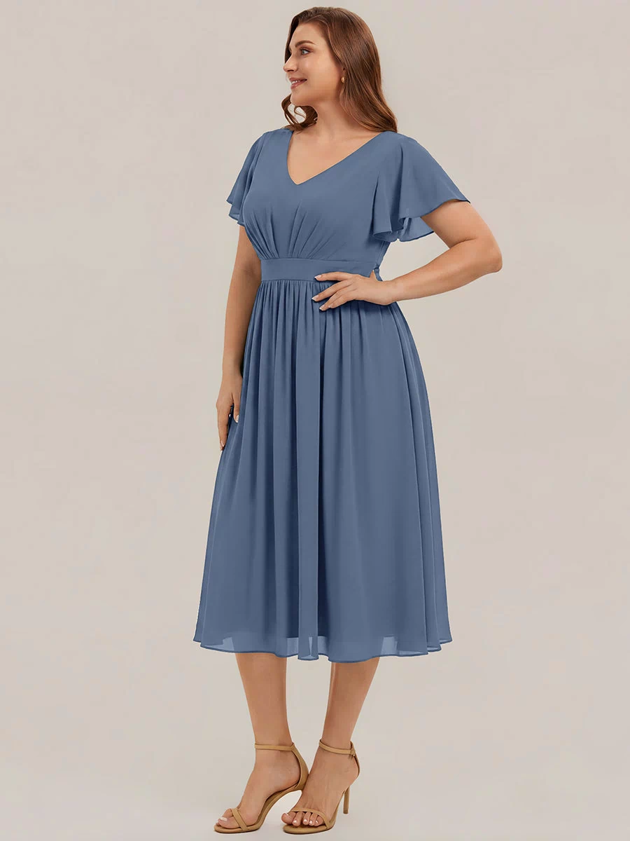 Chiffon Ruffle Sleeve A-Line Wedding Guest Dress #color_Dusty Blue