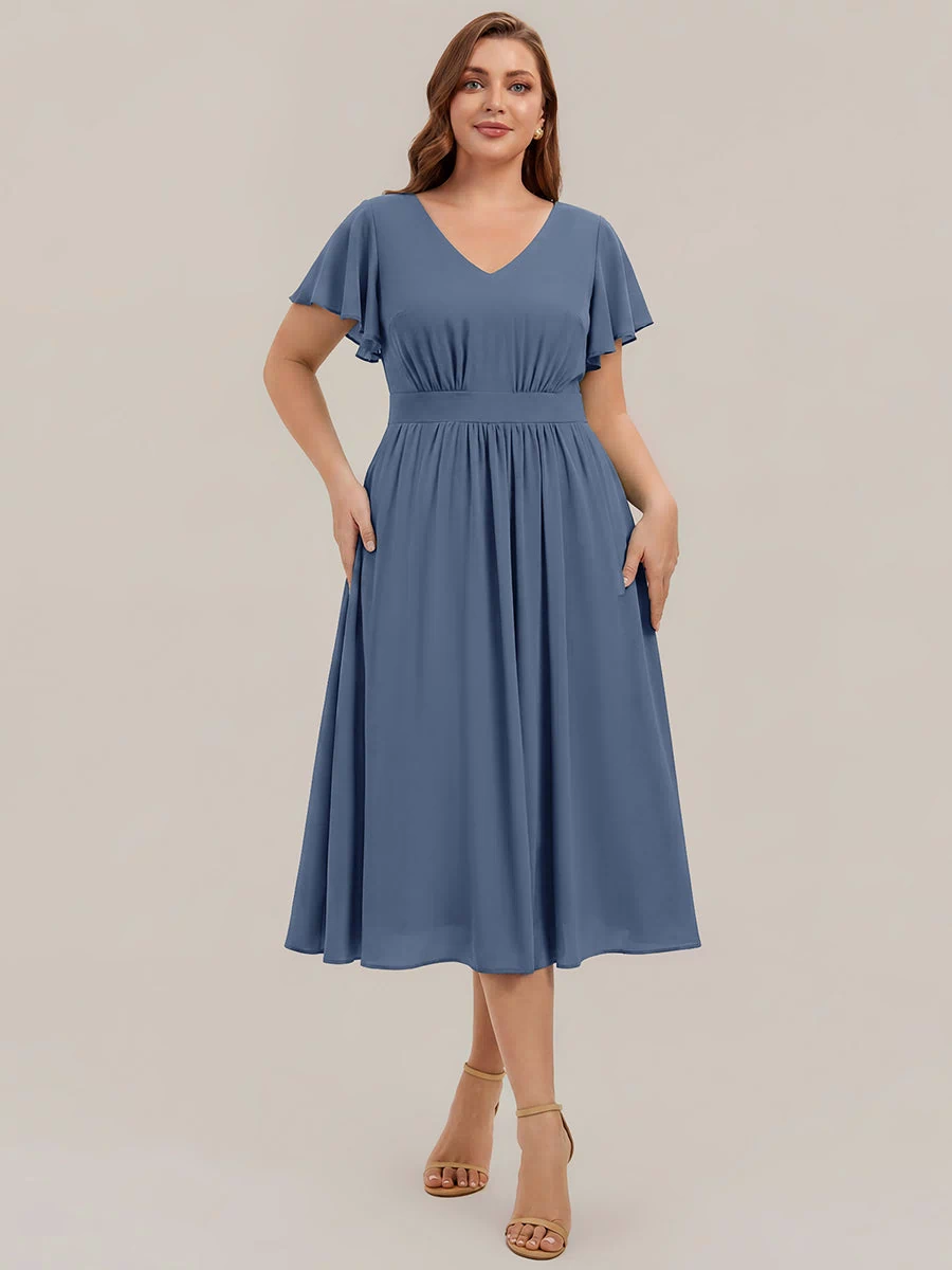 Chiffon Ruffle Sleeve A-Line Wedding Guest Dress #color_Dusty Blue