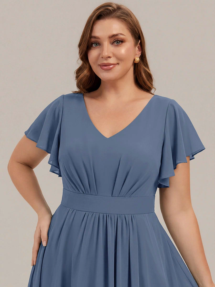 Chiffon Ruffle Sleeve A-Line Wedding Guest Dress #color_Dusty Blue