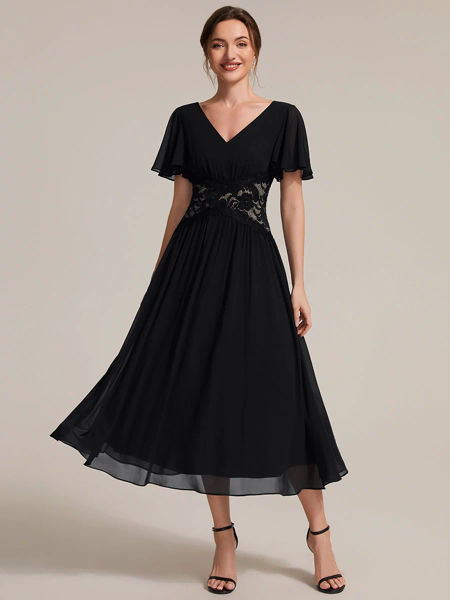 Chiffon Ruffle Sleeve Lace A-Line Wedding Guest Dress