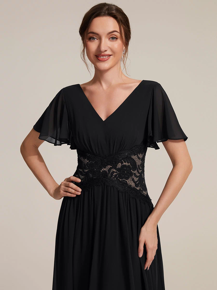 Chiffon Ruffle Sleeve Lace A-Line Wedding Guest Dress #color_Black