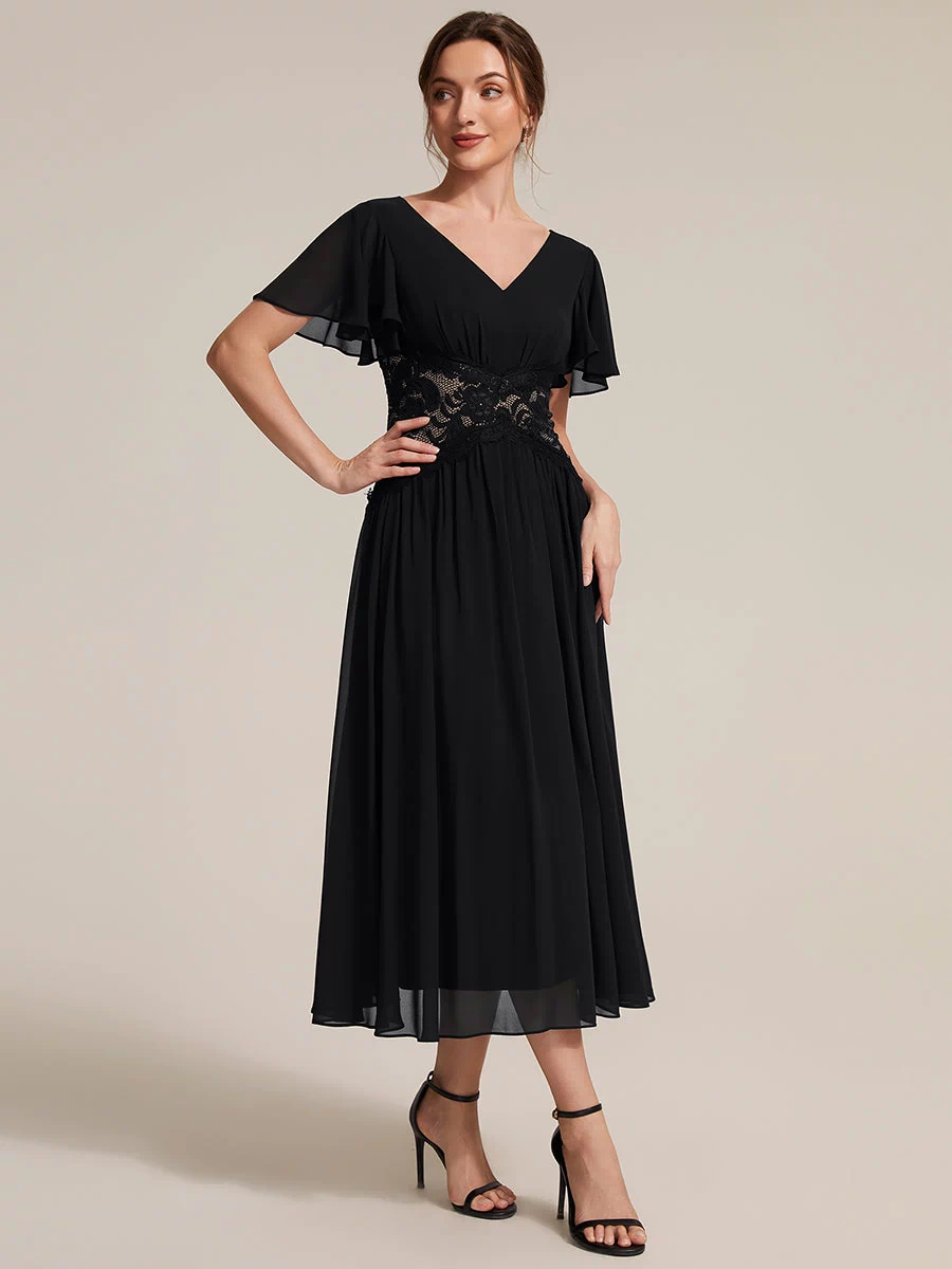 Chiffon Ruffle Sleeve Lace A-Line Wedding Guest Dress #color_Black