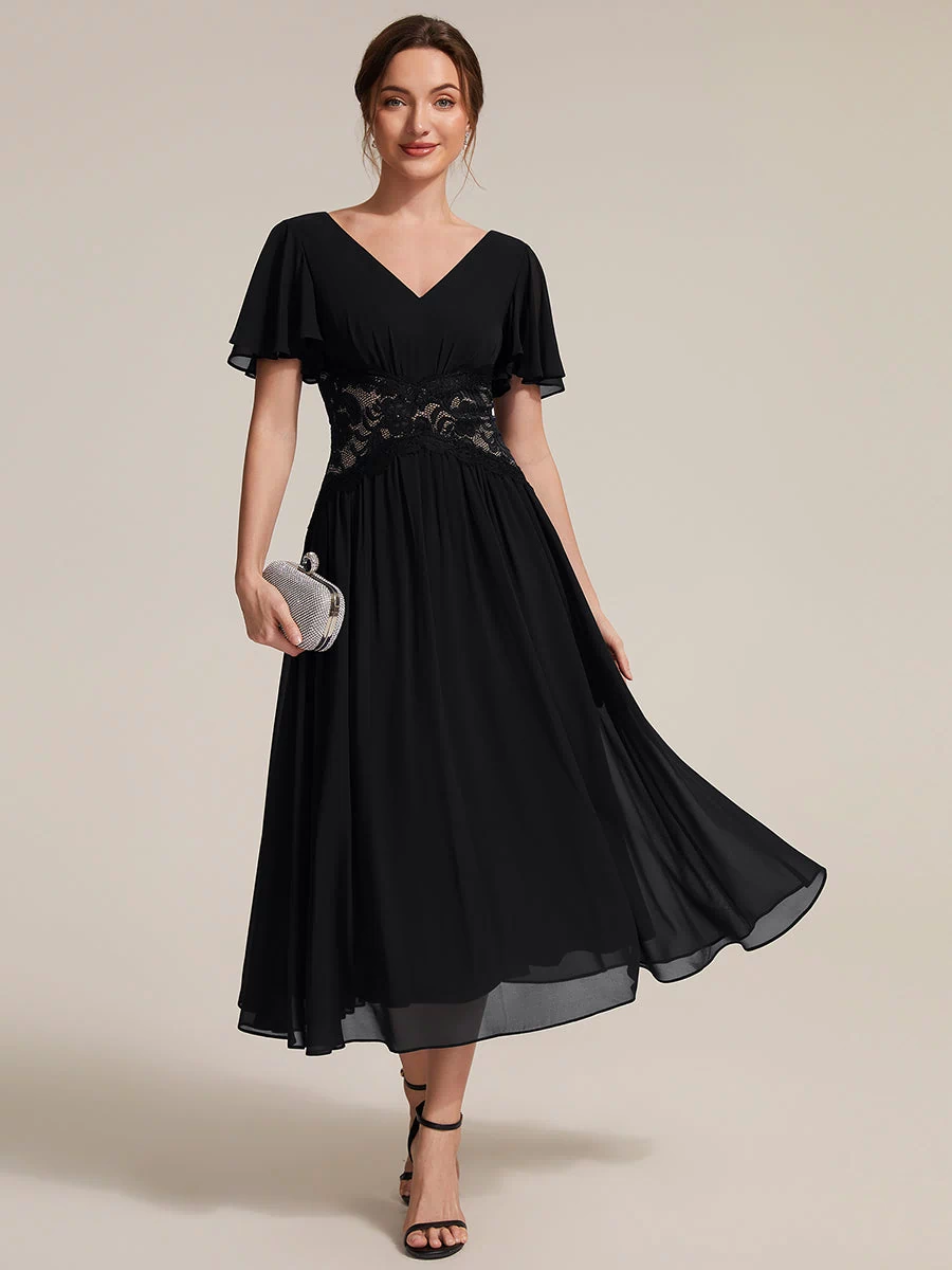 Chiffon Ruffle Sleeve Lace A-Line Wedding Guest Dress #color_Black