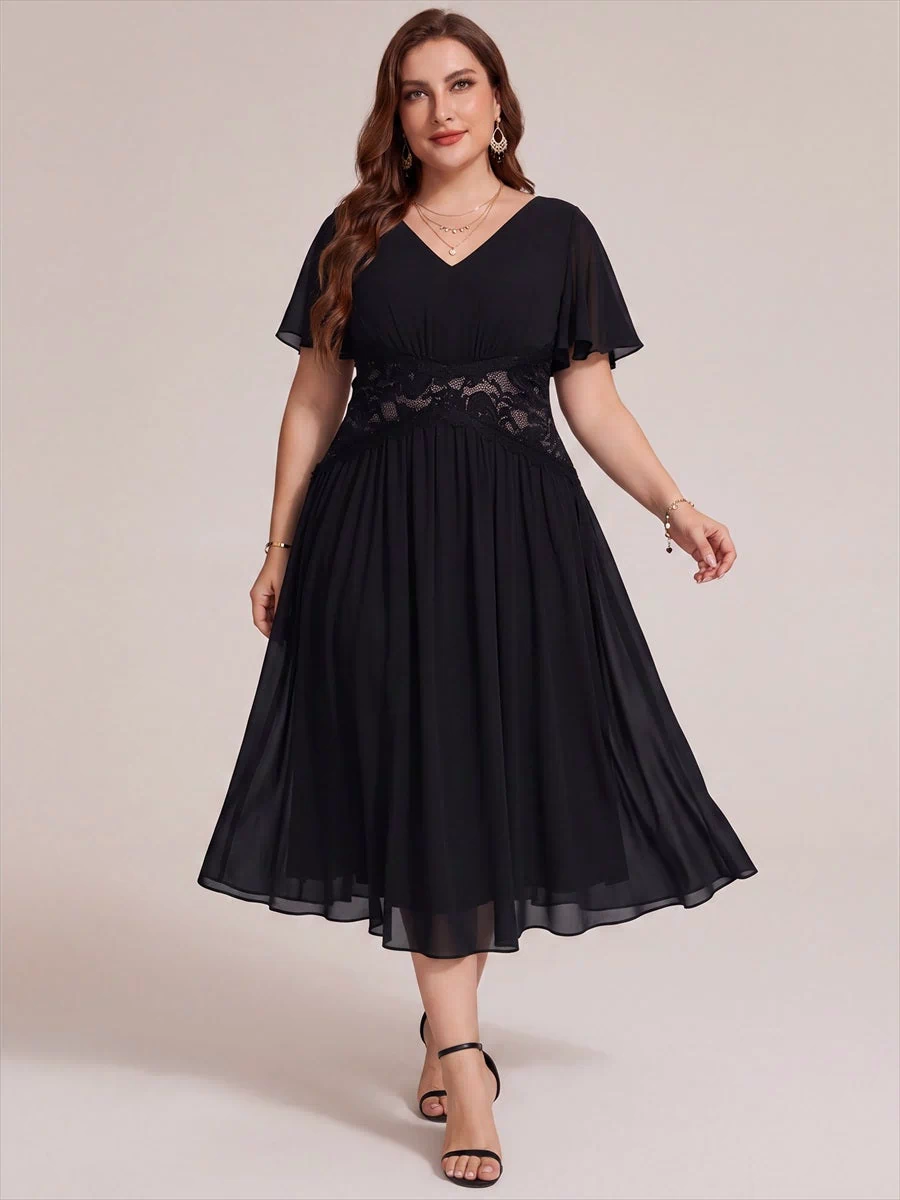 Chiffon Ruffle Sleeve Lace A-Line Wedding Guest Dress #color_Black