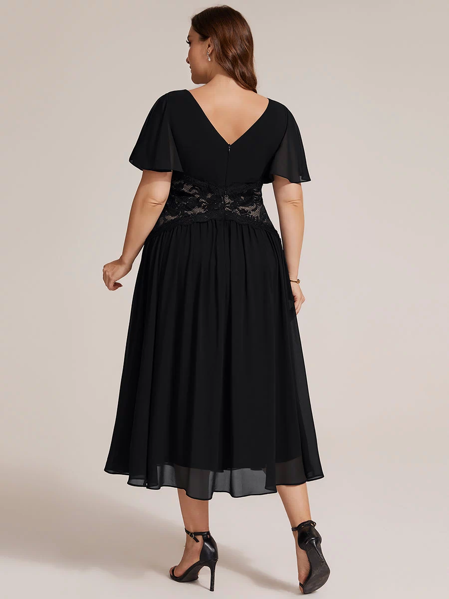 Chiffon Ruffle Sleeve Lace A-Line Wedding Guest Dress #color_Black