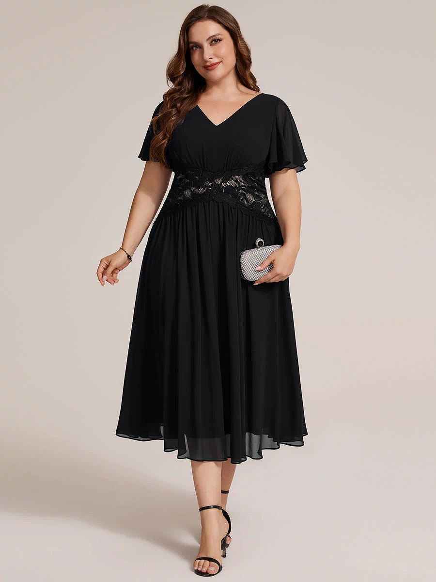 Chiffon Ruffle Sleeve Lace A-Line Wedding Guest Dress #color_Black