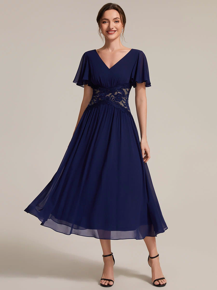 Chiffon Ruffle Sleeve Lace A-Line Wedding Guest Dress #color_Navy Blue