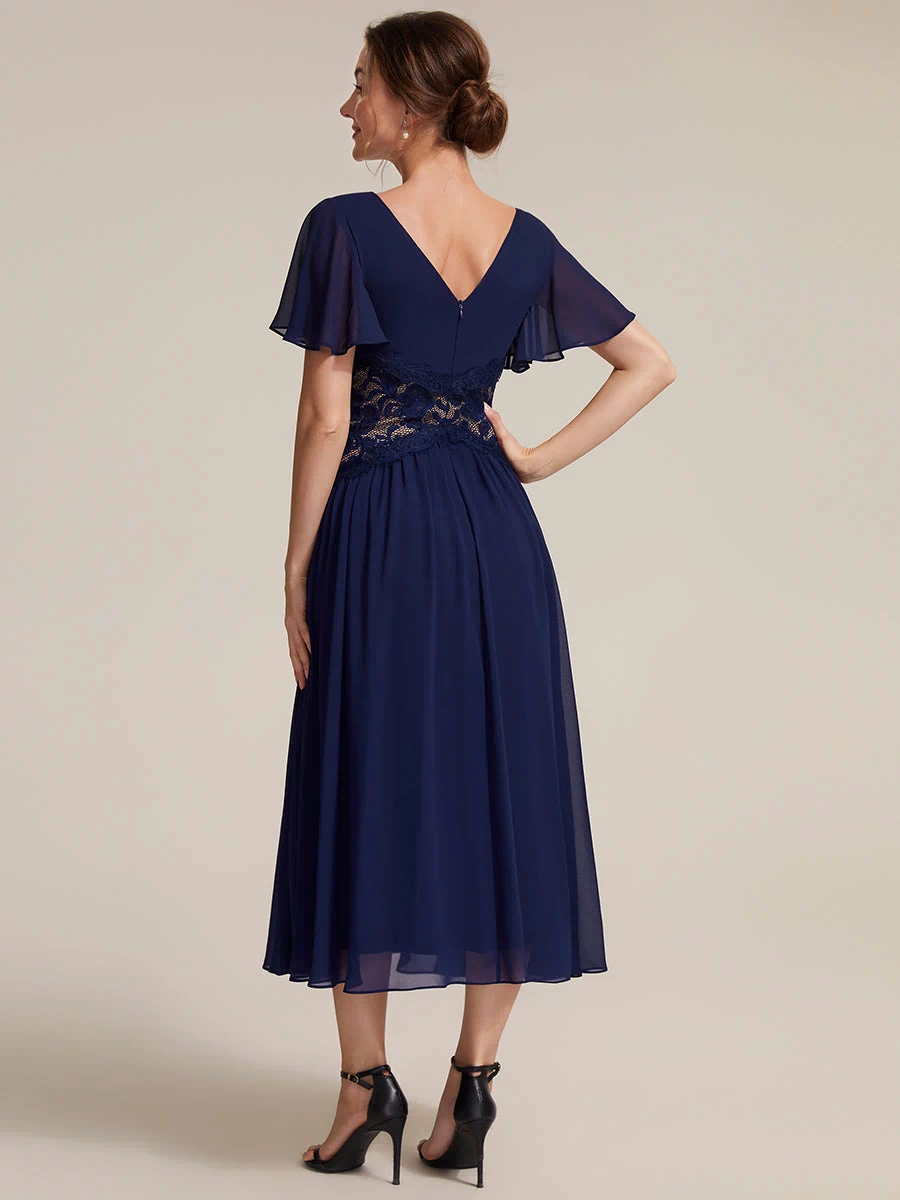 Chiffon Ruffle Sleeve Lace A-Line Wedding Guest Dress #color_Navy Blue