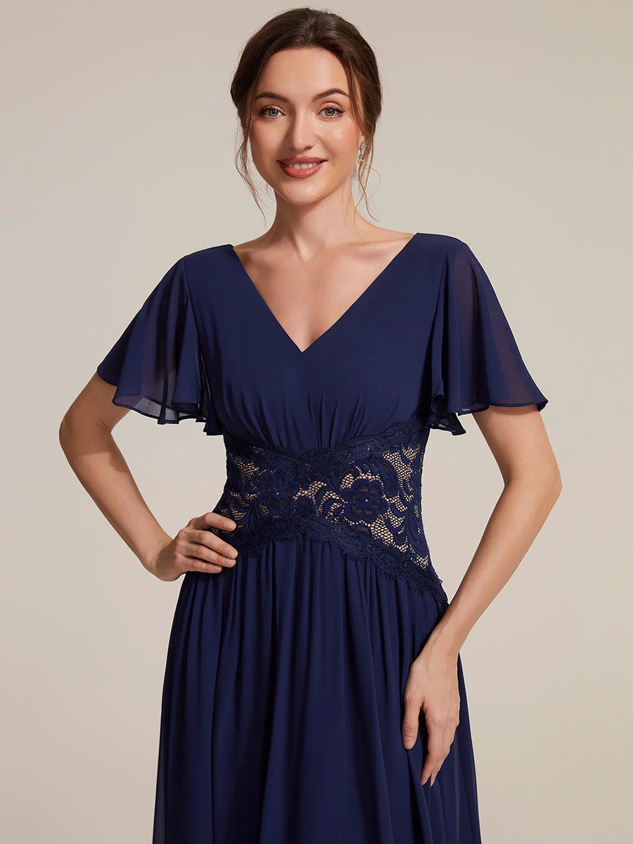 Chiffon Ruffle Sleeve Lace A-Line Wedding Guest Dress #color_Navy Blue