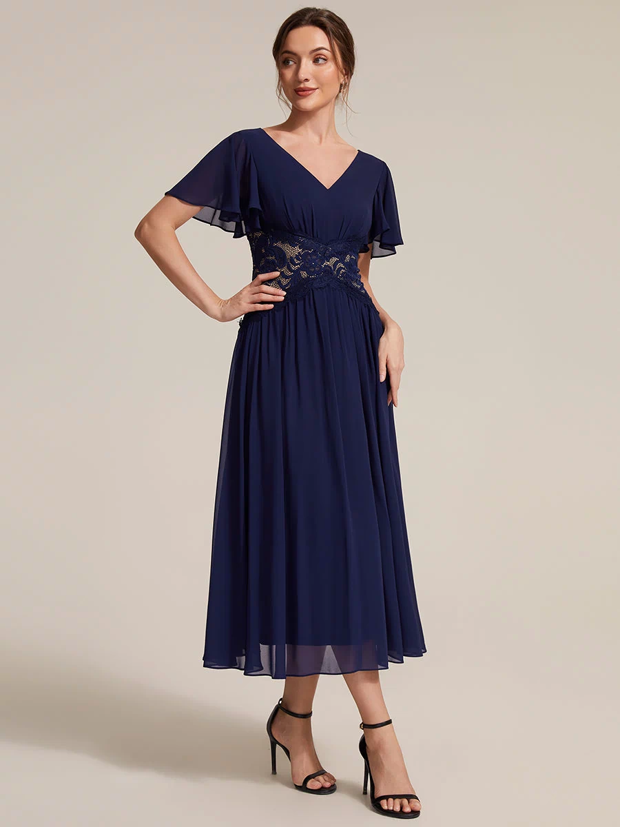 Chiffon Ruffle Sleeve Lace A-Line Wedding Guest Dress #color_Navy Blue