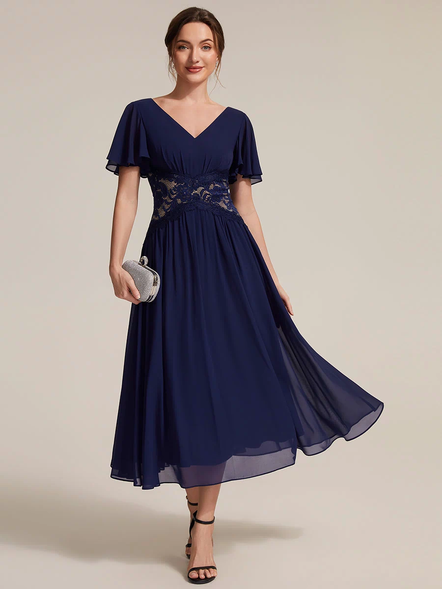Chiffon Ruffle Sleeve Lace A-Line Wedding Guest Dress #color_Navy Blue