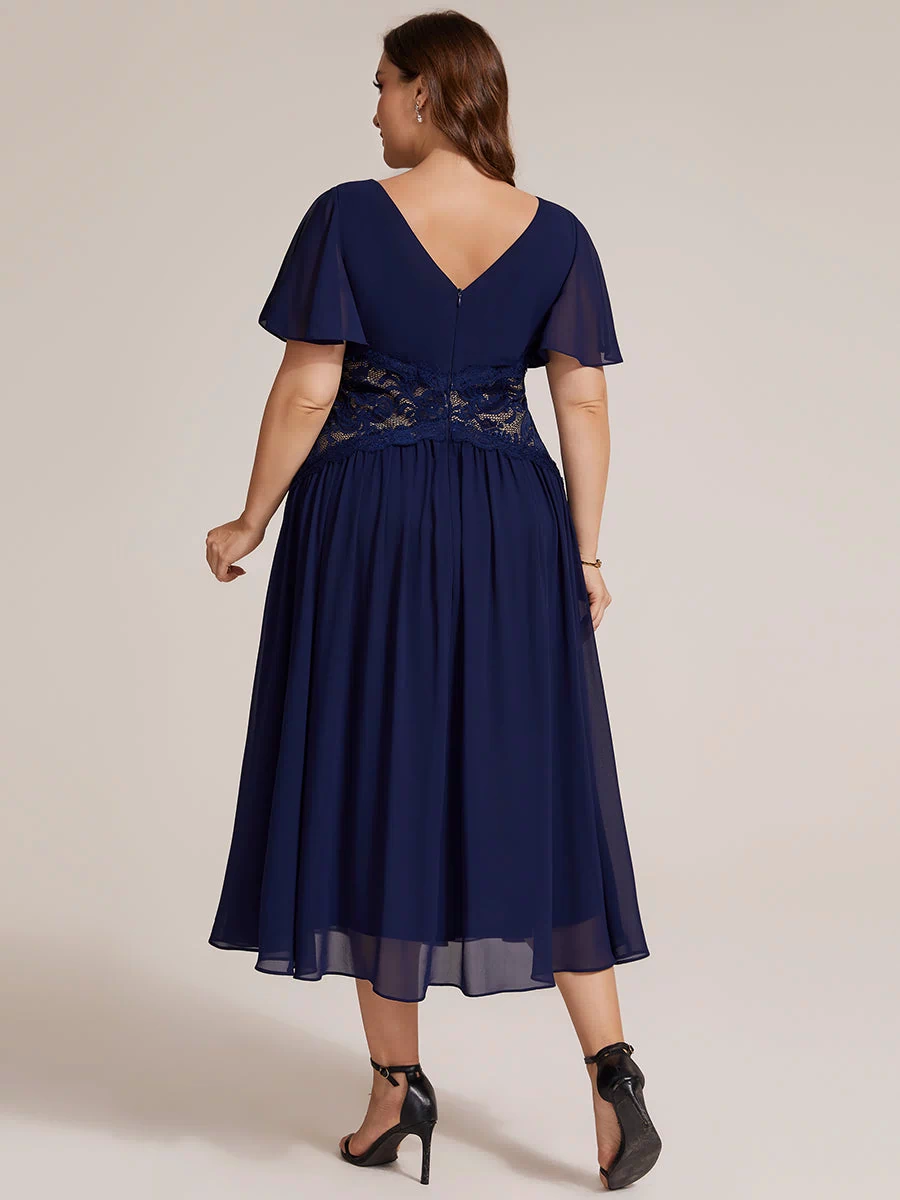 Chiffon Ruffle Sleeve Lace A-Line Wedding Guest Dress #color_Navy Blue
