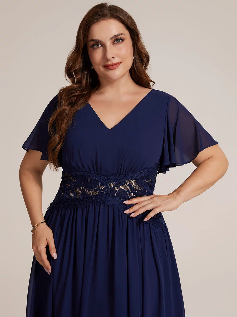 Chiffon Ruffle Sleeve Lace A-Line Wedding Guest Dress #color_Navy Blue