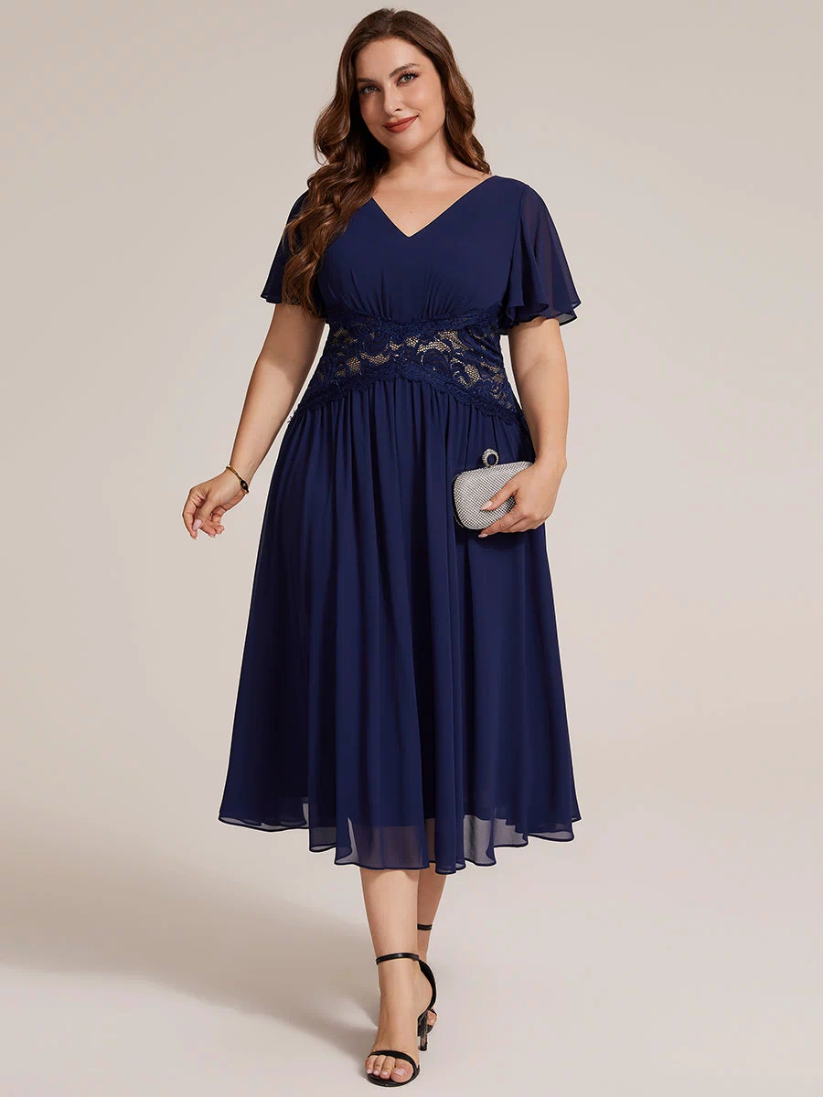 Chiffon Ruffle Sleeve Lace A-Line Wedding Guest Dress #color_Navy Blue