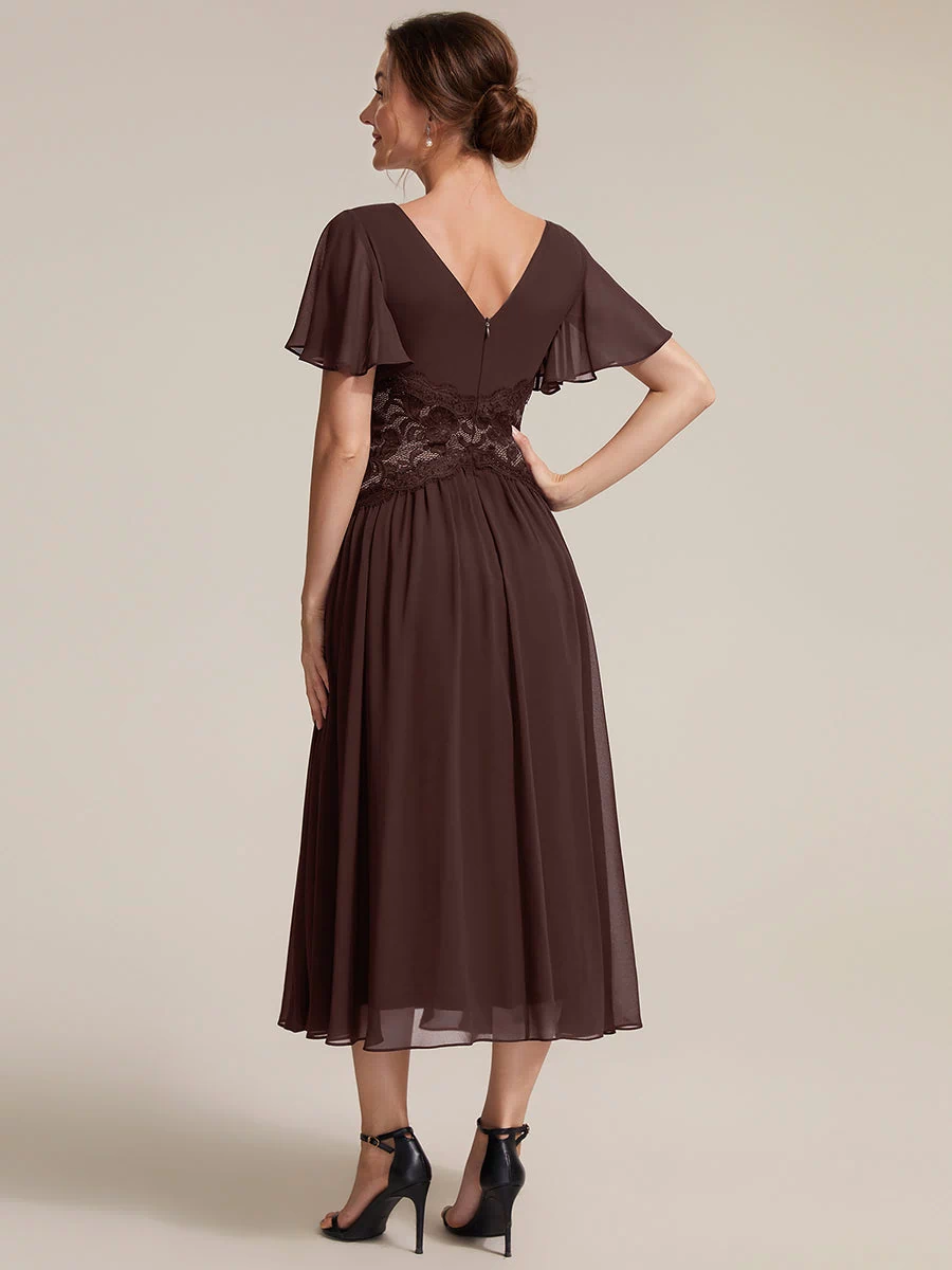 Chiffon Ruffle Sleeve Lace A-Line Wedding Guest Dress #color_Chocolate Brown