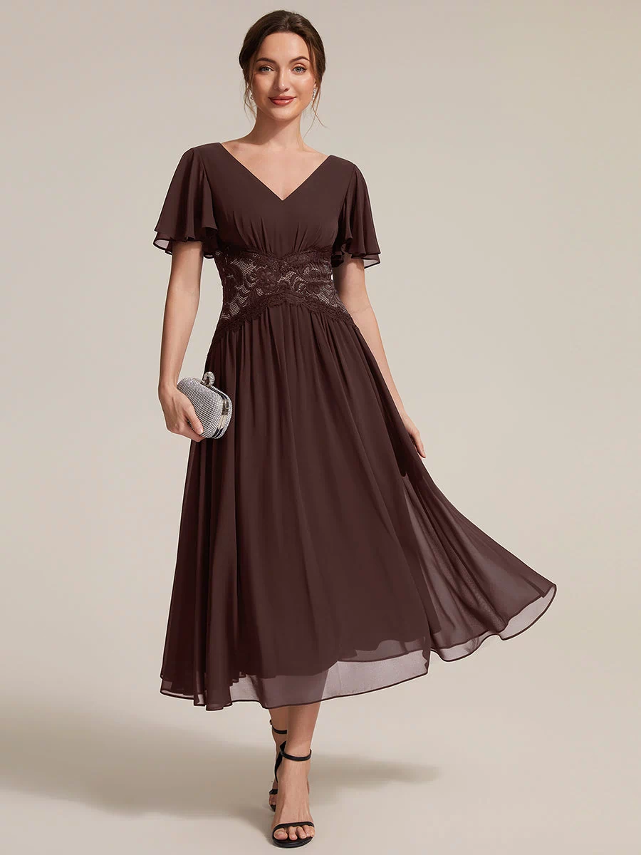 Chiffon Ruffle Sleeve Lace A-Line Wedding Guest Dress #color_Chocolate Brown