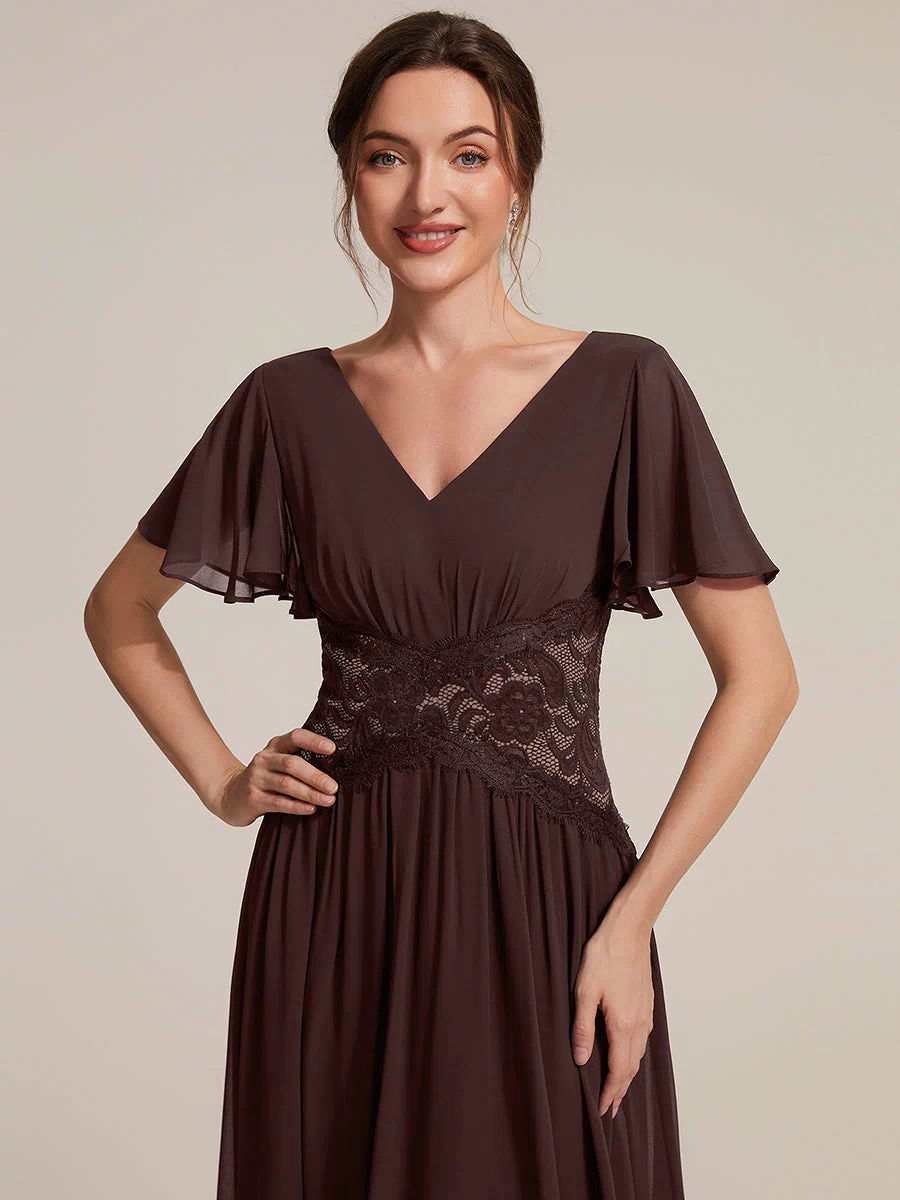Chiffon Ruffle Sleeve Lace A-Line Wedding Guest Dress #color_Chocolate Brown