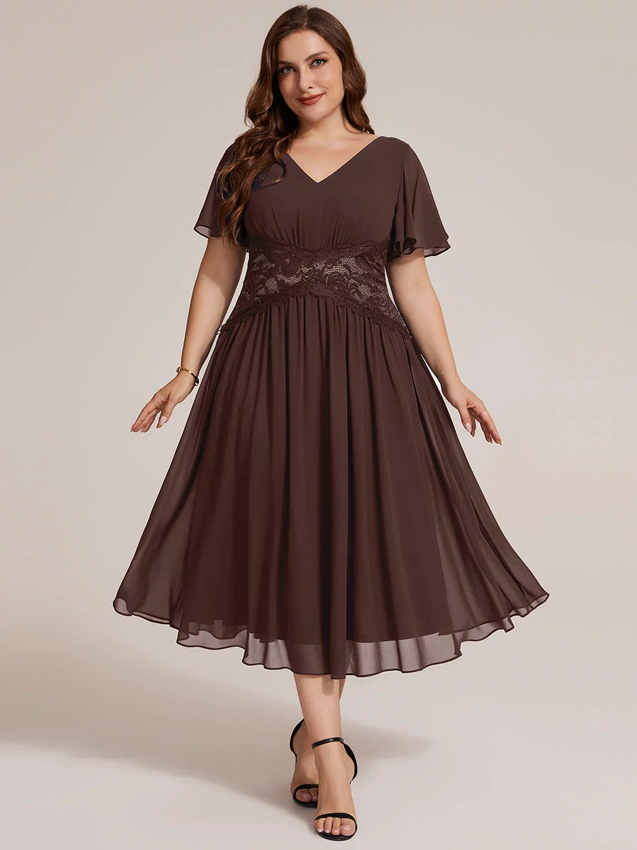 Chiffon Ruffle Sleeve Lace A-Line Wedding Guest Dress #color_Chocolate Brown