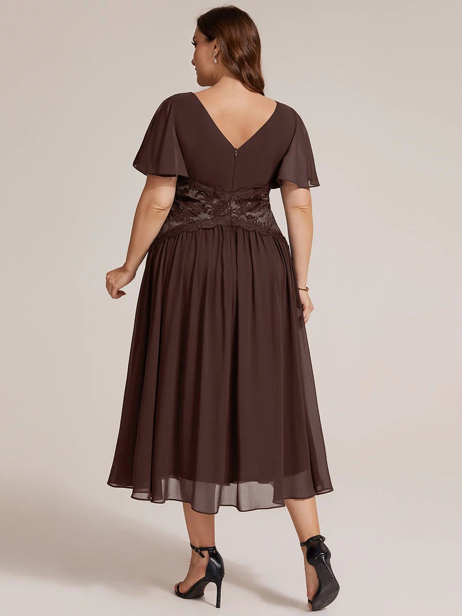 Chiffon Ruffle Sleeve Lace A-Line Wedding Guest Dress #color_Chocolate Brown