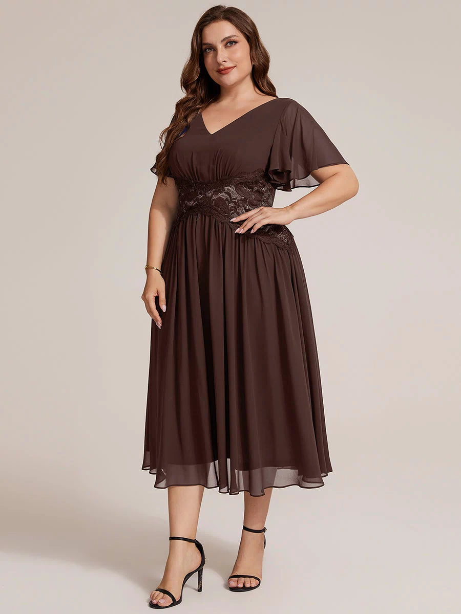 Chiffon Ruffle Sleeve Lace A-Line Wedding Guest Dress #color_Chocolate Brown
