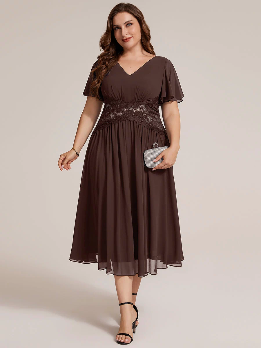 Chiffon Ruffle Sleeve Lace A-Line Wedding Guest Dress #color_Chocolate Brown