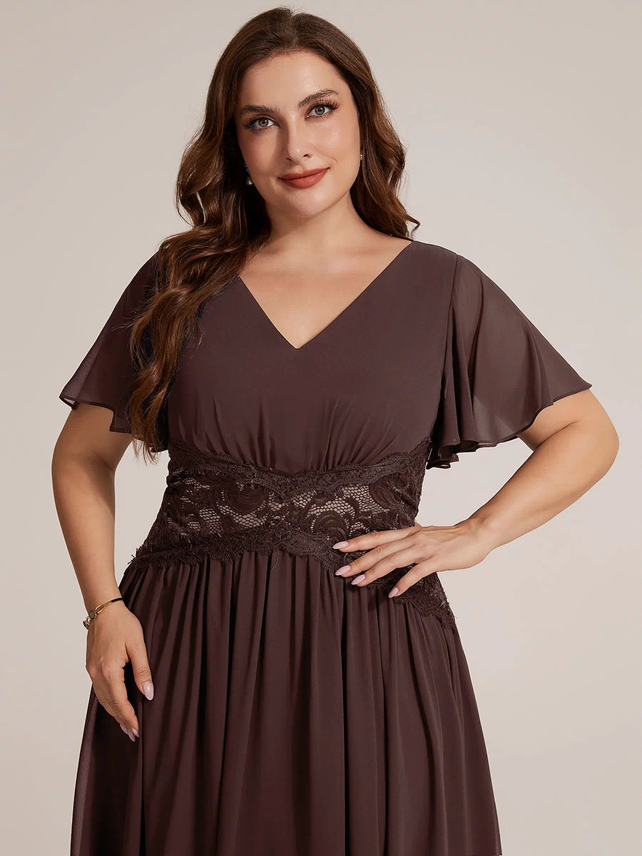 Chiffon Ruffle Sleeve Lace A-Line Wedding Guest Dress #color_Chocolate Brown