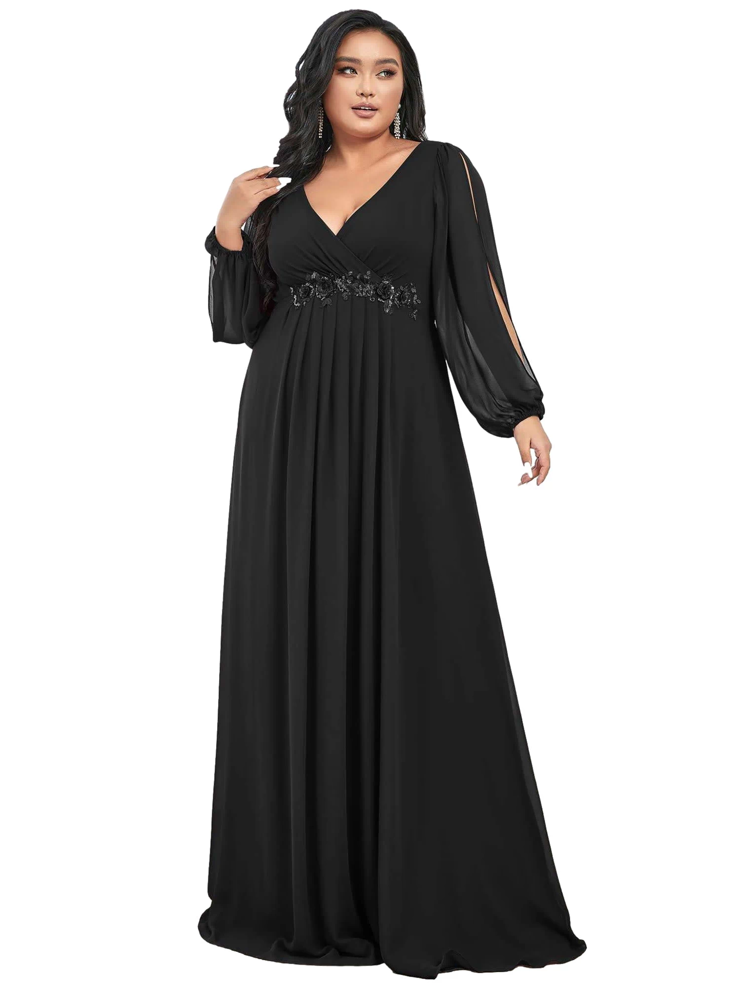Front of a model wearing a size 22 Chiffon V-Neckline Long Sleeve Formal Evening Dress in Black by Ever-Pretty. | dia_product_style_image_id:328338