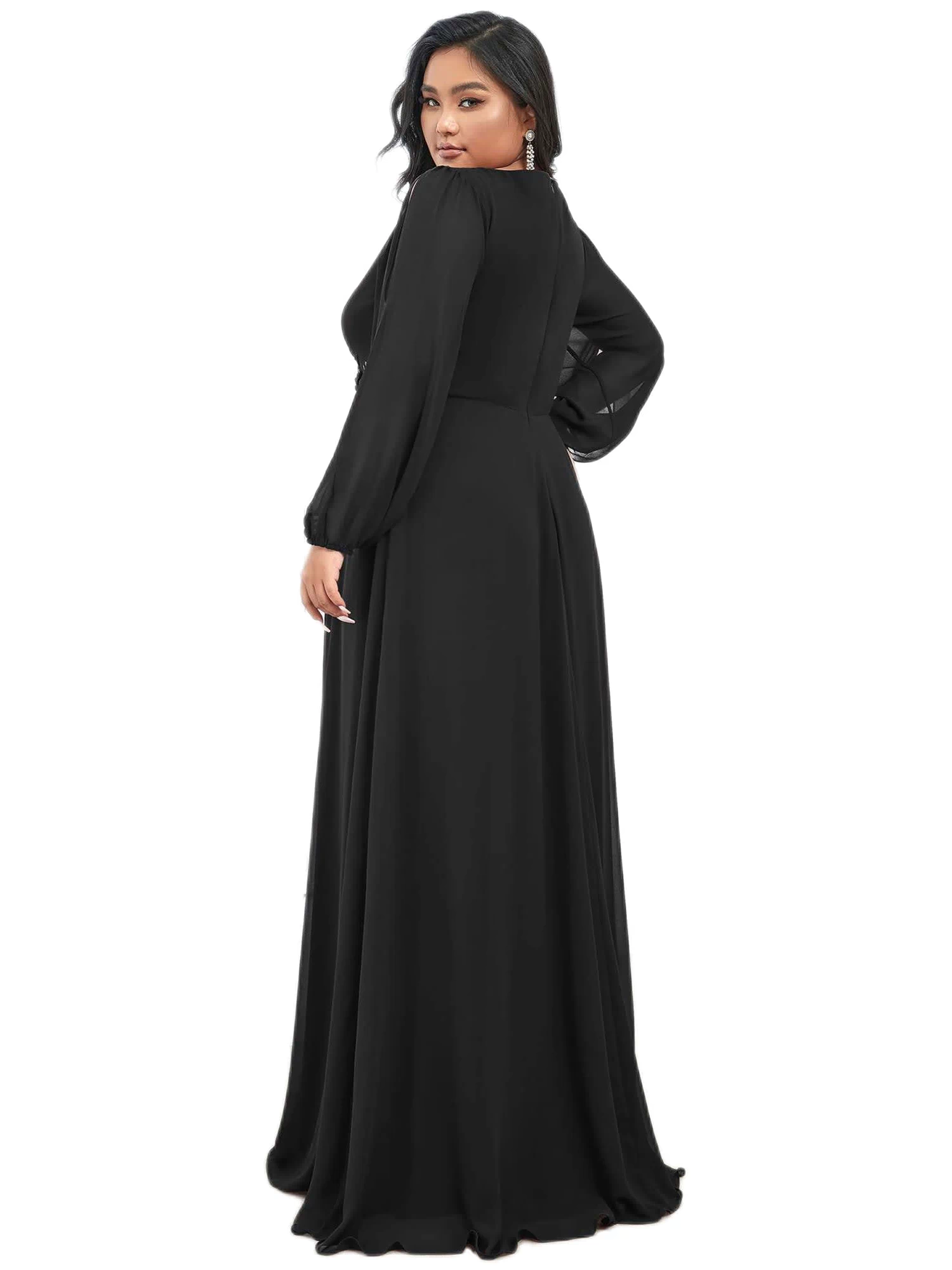 Back of a model wearing a size 22 Chiffon V-Neckline Long Sleeve Formal Evening Dress in Black by Ever-Pretty. | dia_product_style_image_id:284551