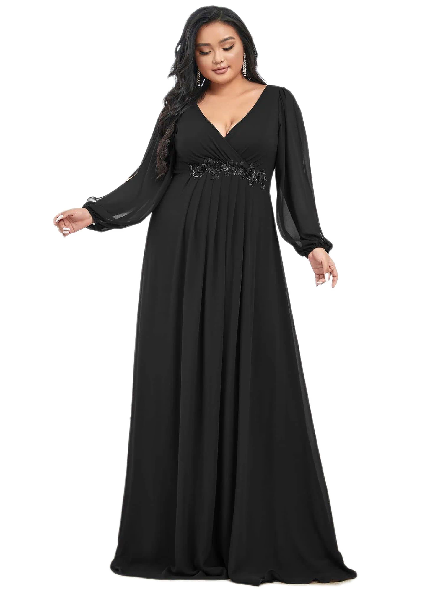 Front of a model wearing a size 22 Chiffon V-Neckline Long Sleeve Formal Evening Dress in Black by Ever-Pretty. | dia_product_style_image_id:284560