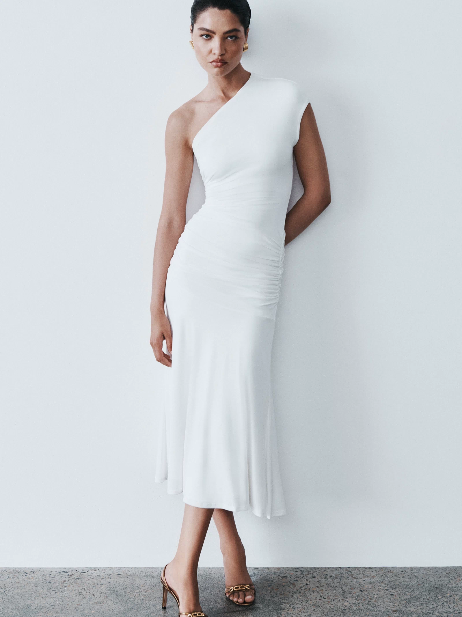 Chloe Peached Jersey One Shoulder Midi Dress - Ivory
