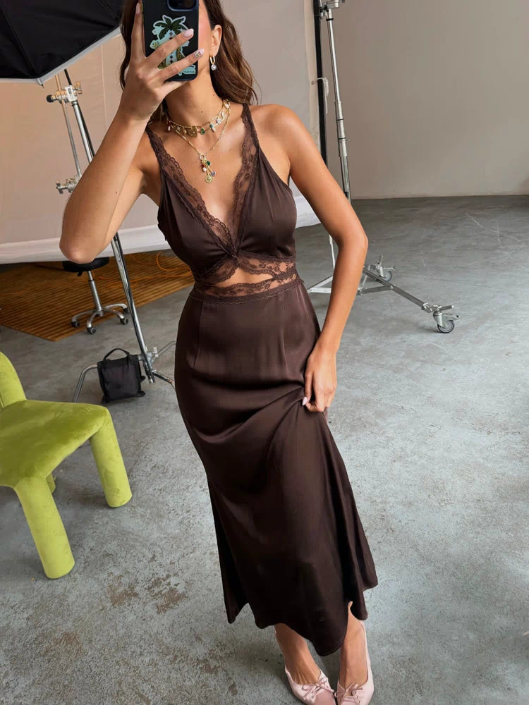 Chocolate Mimi Dress with lace trims and an under-bust cutout detail, styled in a studio mirror selfie.