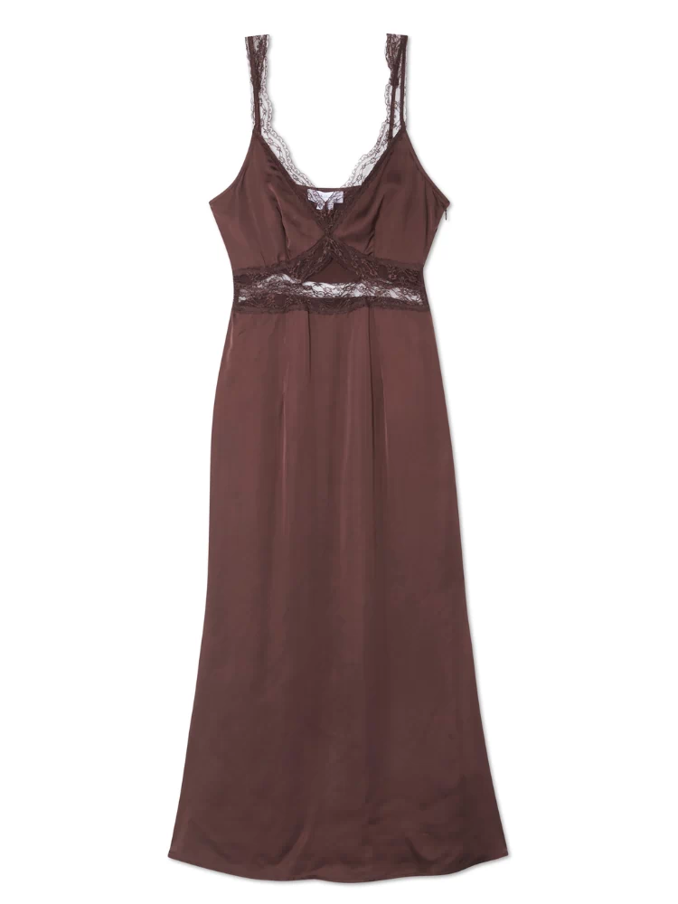 Chocolate brown Mimi Dress featuring elegant lace trims on the neckline and a subtle under-bust cutout.