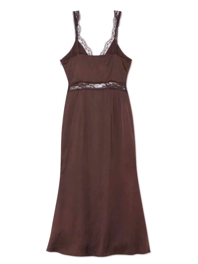Chocolate Mimi Dress in a rich brown midi length with lace trims and adjustable back straps.