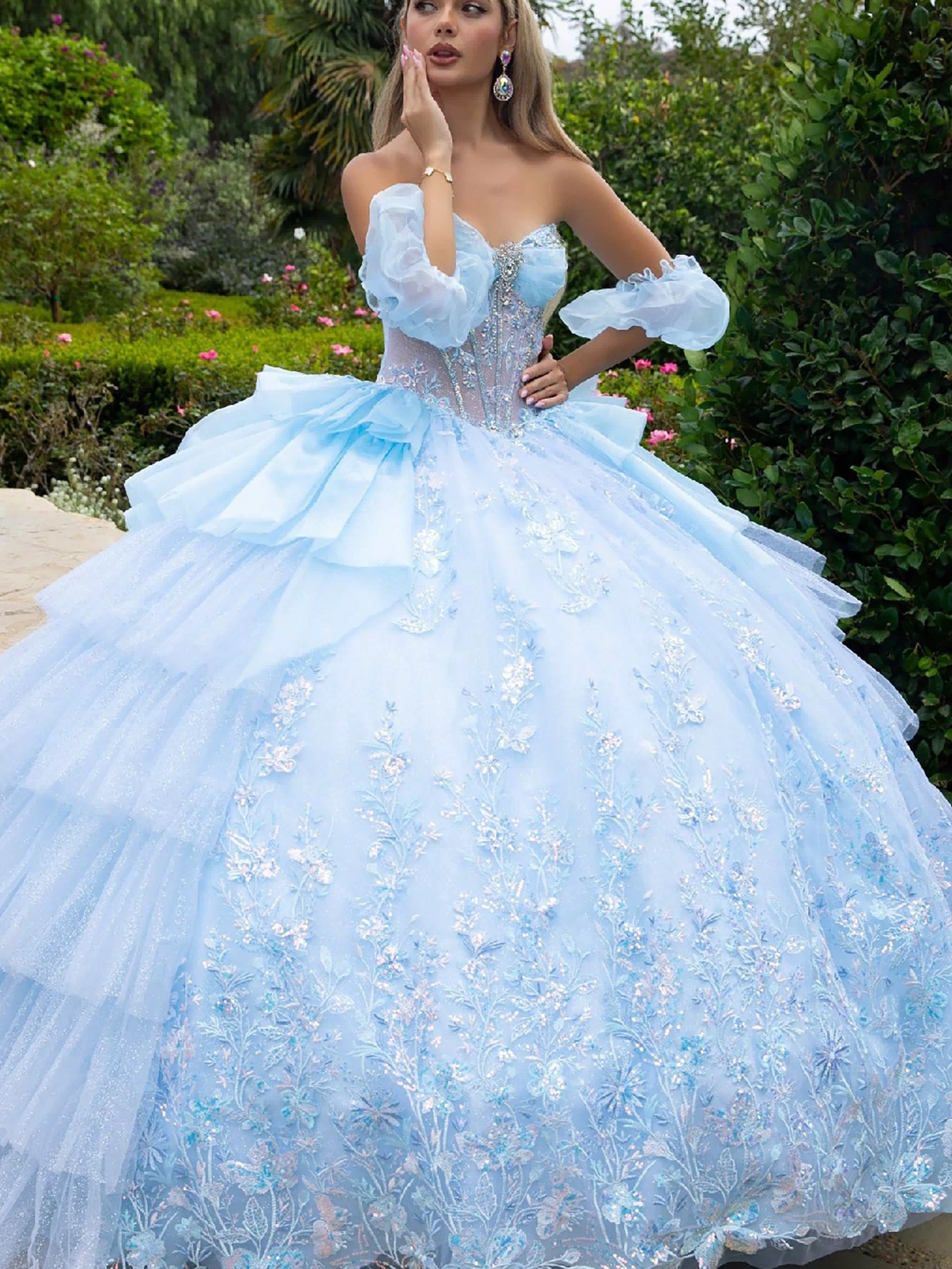 Cinderella Blue Quinceañera Dress with Detached Puff Sleeves and Layered Side Ruffles Glitter Mesh