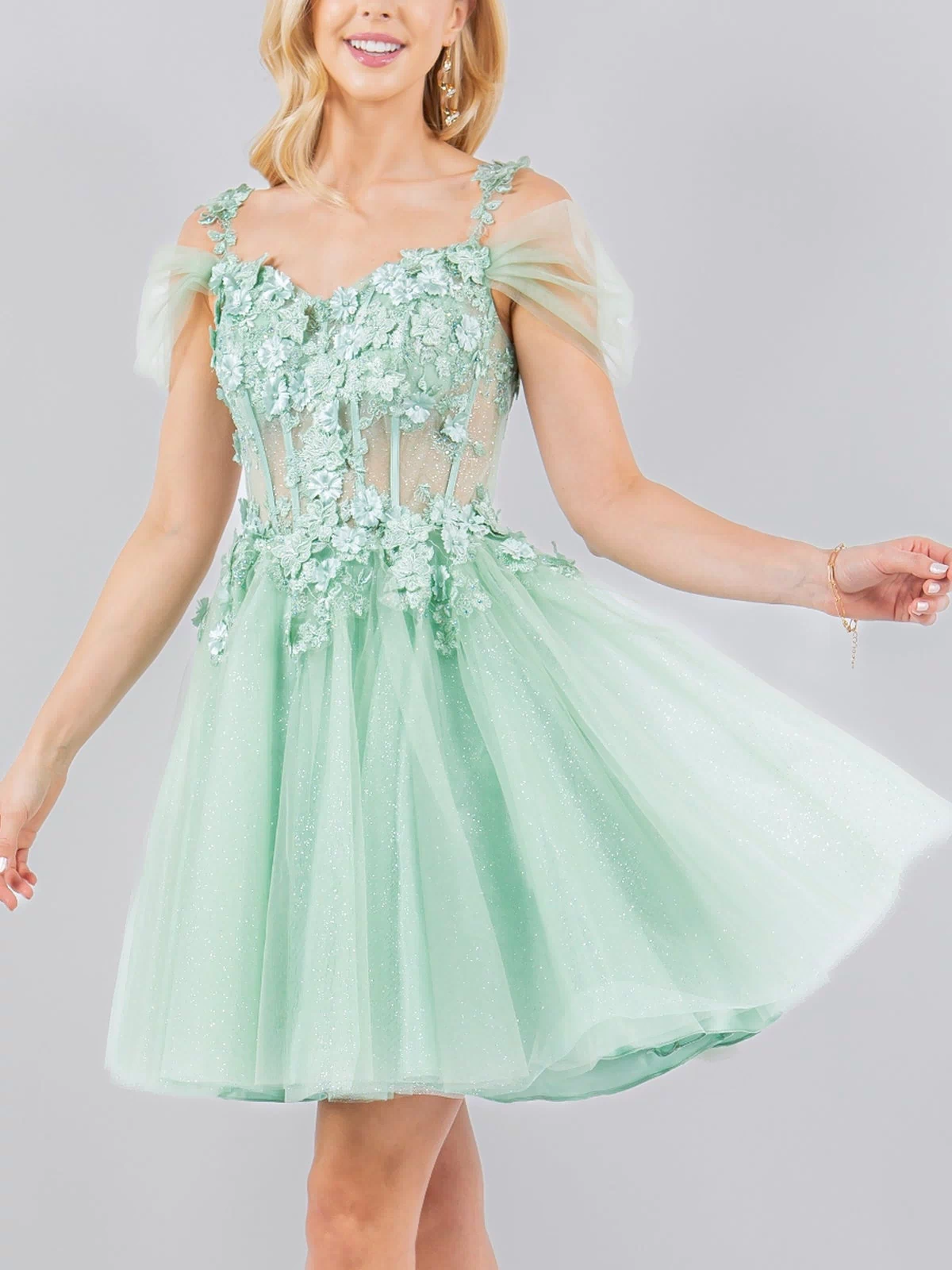 Embellished Short Glitter-Tulle Homecoming Dress
