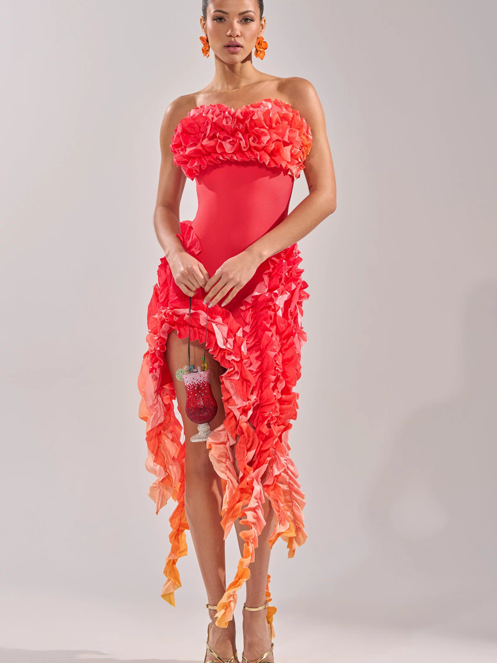 CITY LIGHTS RUFFLE MAXI DRESS IN RED OMBRE