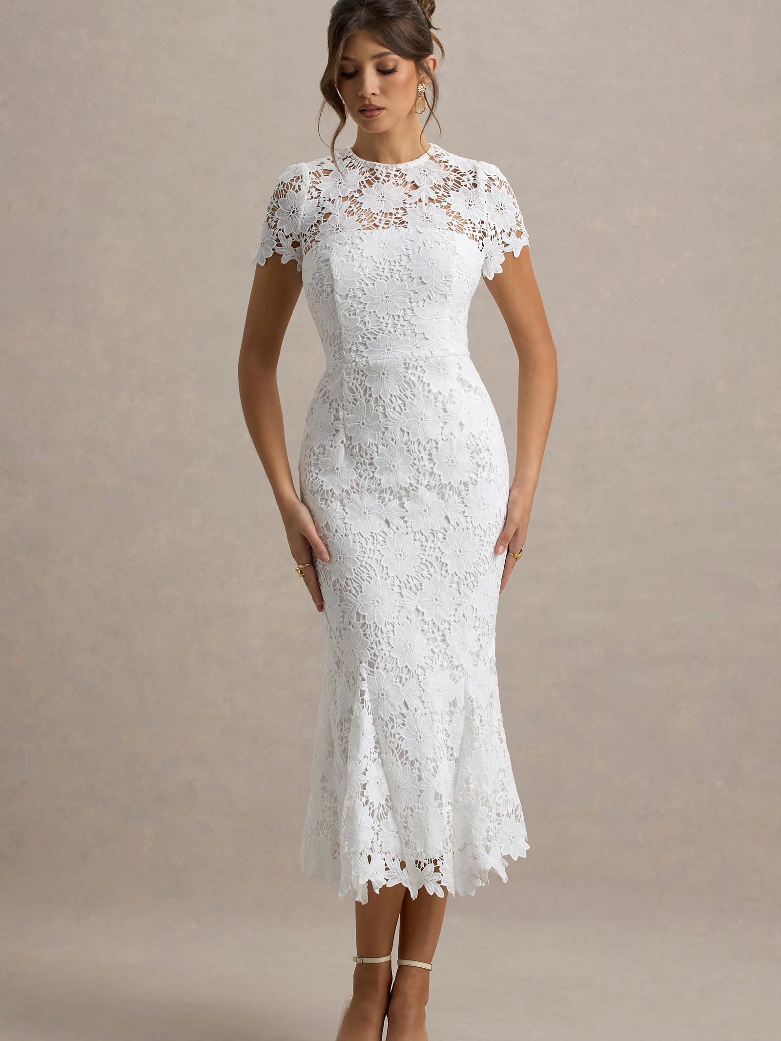 Clarissa | White Lace High Neck Short Sleeve Midi Dress