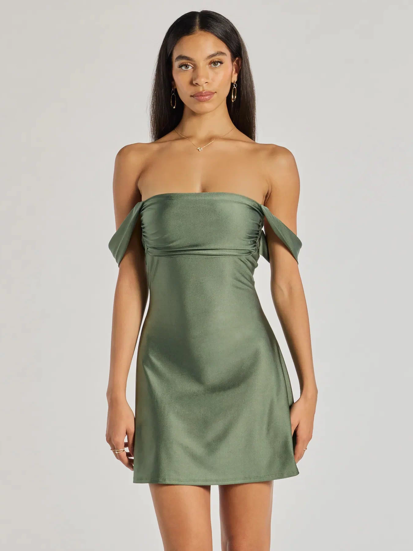 Shine with confidence, elegance, and standout style in the Classics Lover Off-The-Shoulder Satin A-Line Mini Dress—a sage green homecoming dress designed with a fresh silhouette and the latest trends.