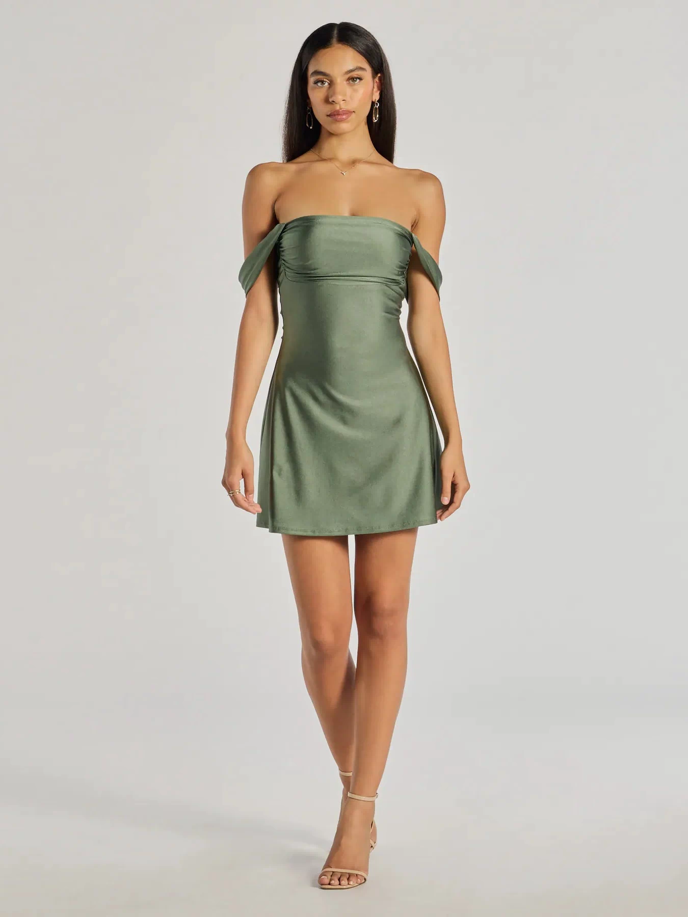 Make a bold statement in the Classics Lover Off-The-Shoulder Satin A-Line Mini Dress in sage green, the perfect green dress for weddings, cocktail hours, nights out, and/or seasonal celebrations.