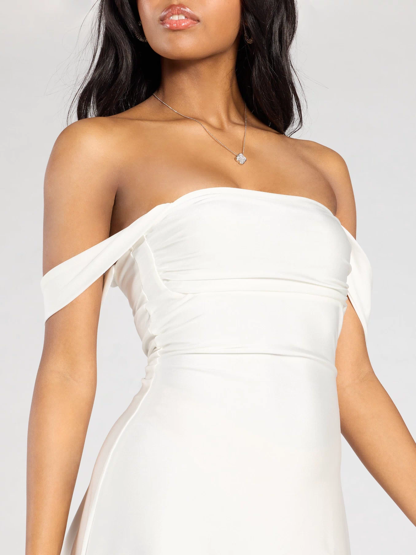 Shop a mini dress like the Classics Lover Off-The-Shoulder Satin A-Line Mini Dress in white with a curve-hugging shape, playful length, and chic detail for any occasion.