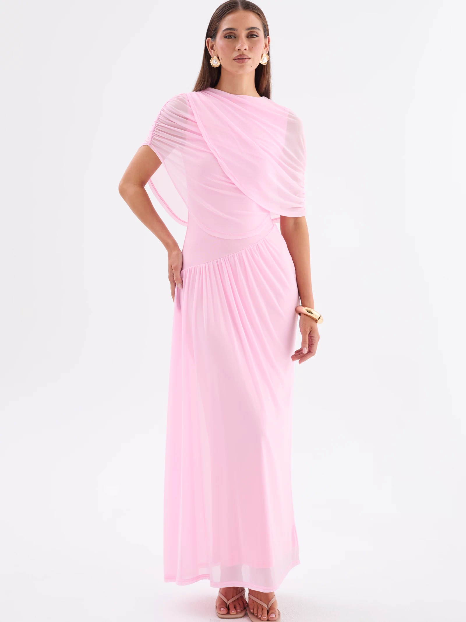Clia Mesh Draped Maxi Dress - Pink