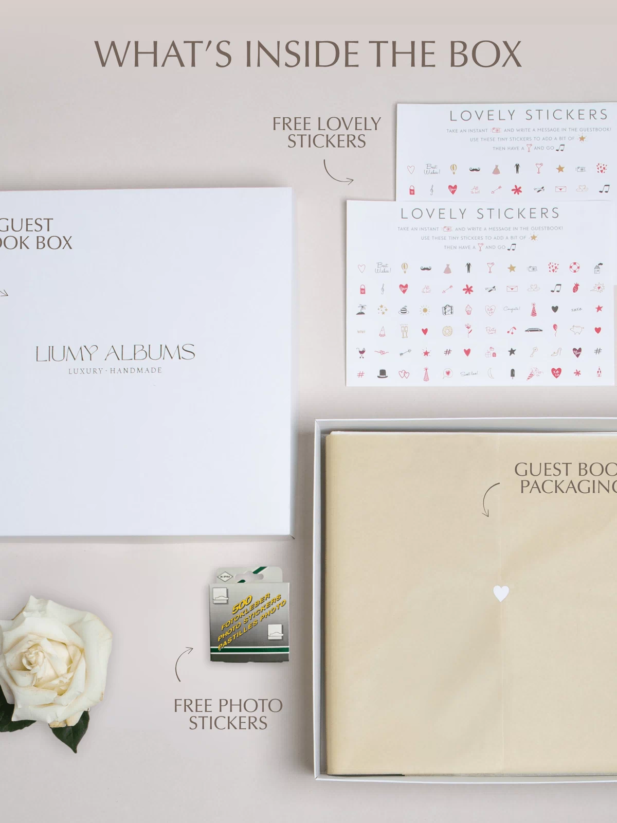 Guest book box with free stickers and photo stickers on a light background