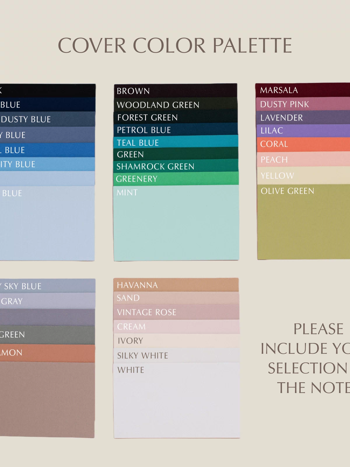 Color palette chart with various color swatches and names on a beige background.